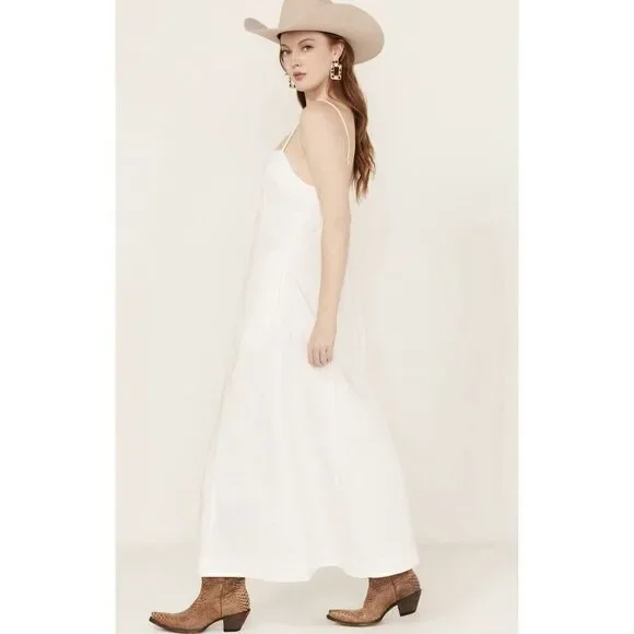 Free People Ivory Cotton Button Down Denim Scoop Neck Just Jill Maxi Dress S - Picture 2 of 5